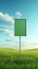 Blank Green Billboard Signpost in Grassy Field under Blue Sky. Empty copy space for advertisement, information, or message. Nature landscape background.