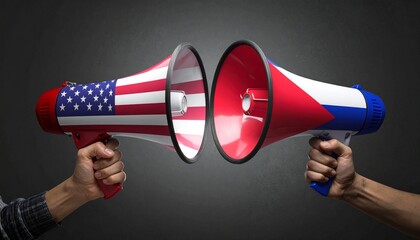 US and Czech Republic flag megaphones facing off in dark setting, symbolizing international dialogue or tension.