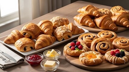 Assorted croissants and pastries on wooden boards with jam and butter