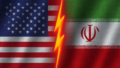   
US and Iran flags side by side, separated by jagged glowing orange lightning bolt, symbolizing conflict.