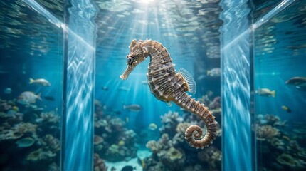 Luminous Seahorse in Vibrant Oceanarium Display