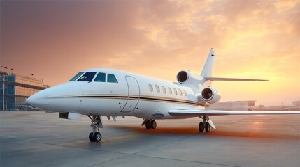 Obraz premium Luxury Business Jet Parked on Airport Tarmac at Sunset with Modern Terminal Background