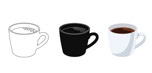 Obraz premium Coffee Cups Vector Set in Three Styles — Line Art, Silhouette and Color Version for Islamic Design, App UI, Posters and Branding