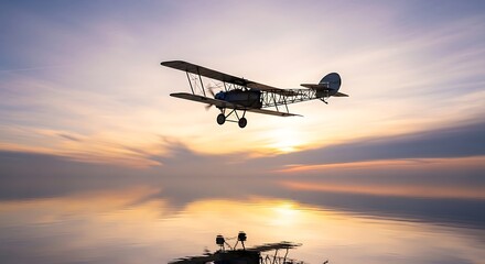 Vintage biplane silhouetted against sunset sky above water