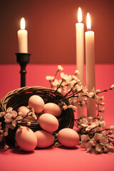 Pastel Easter eggs spill from a wicker basket beside white blossoms on a pink background, capturing a spring celebration and warm greeting mood 