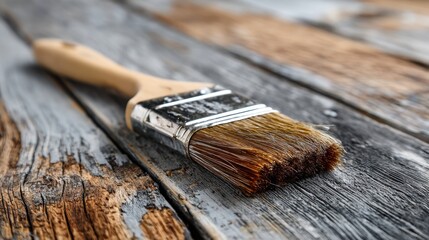 Fototapeta premium Close Up Scene of Brush Gliding Over Natural Wood Grain on Rustic Surface Capturing Textures and Details