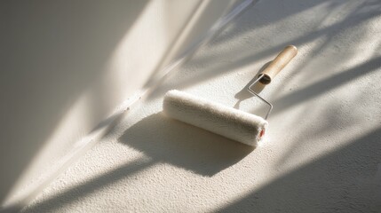 Fresh White Paint Application with Roller on Smooth Surface in Bright Natural Light