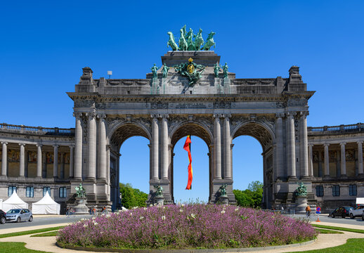 Triumphal Arch (Arc de Triomphe) in Parc du Cinquantenaire (Park of the Fiftieth Anniversary in European Quarter in Brussels, Belgium. Architecture and landmarks of Brussels (Bruxelles). 