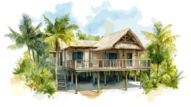 Rewa Eco Lodge. Rewa Eco Lodge hand drawn watercolor illustration