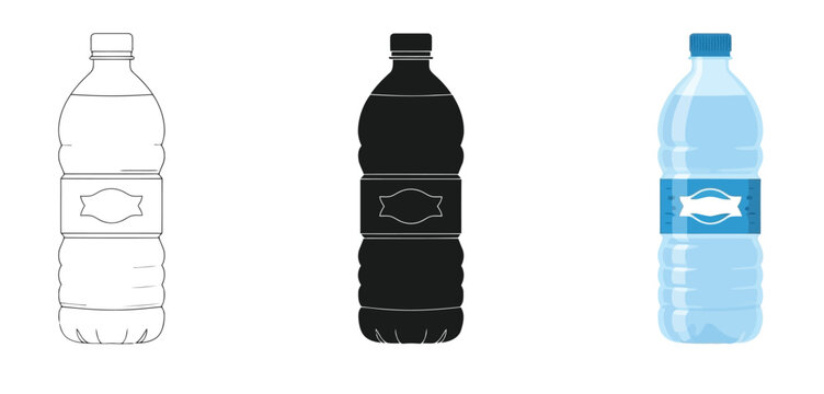 Water Bottles  Vector Set in Three Styles &mdash; Line Art, Silhouette and Color Version for Islamic Design, App UI, Posters and Branding