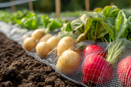 Freshly harvested vegetables in garden bed with protective netting
