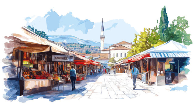 Sarajevo Old Bazaar. Sarajevo Old Bazaar watercolor vector illustration