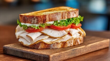 Delicious stacked turkey sandwich with fresh lettuce, ripe tomato slices, and creamy mayonnaise on toasted bread presented on a wooden board