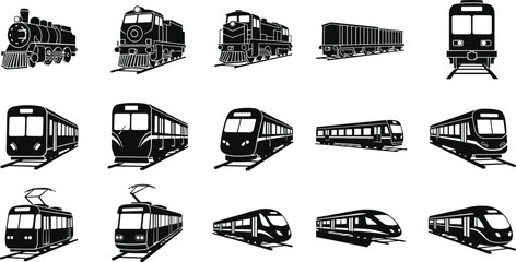 Train silhouette icon set, rail vehicle types, steam locomotive, subway train, freight car, vector illustration, black pictogram, transport graphic © MDMAHOMUDUL