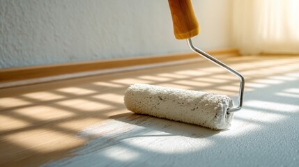 Obraz premium Fresh White Paint Application with Roller on Smooth Floor in Sunlit Room