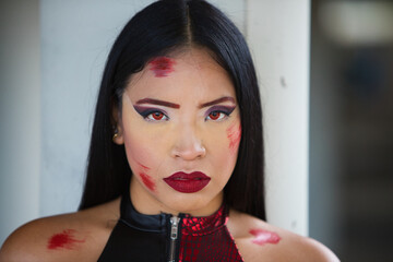 Sensual, pretty Latin woman dressed as a zombie, wearing a red and black leather top and shorts, black fishnet stockings and black boots. The woman is leaning against the column in the car park.