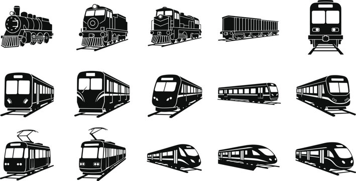 Train silhouette icon set, rail vehicle types, steam locomotive, subway train, freight car, vector illustration, black pictogram, transport graphic