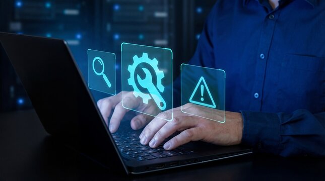 Man working on laptop with security and settings icons floating above keyboard in a dark room - Powered by Adobe