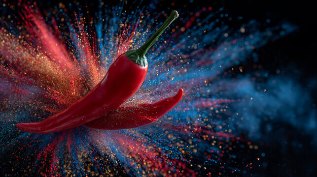 Single red chili pepper rising from a dramatic explosion of multi-colored spice dust, light catching particles mid-air, high-detail textures on pepper skin and powder, dynamic culi