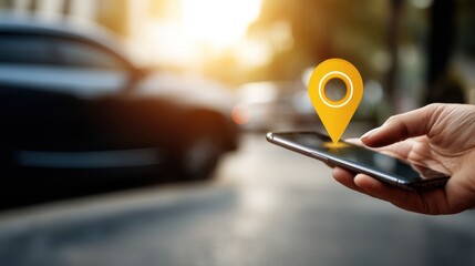 Person Using Smartphone GPS App to Navigate from Car with Location Marker in Urban Environment