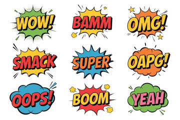 Comic expressions illustrated in bold pop art style with explosive shapes, featuring wow, bamm, omg, smack, super, oops, boom, and yeah bursts in bright colors, vector illustration for comics, cartoon © Vector Gallery
