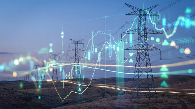 Power transmission towers illuminated by digital data visualizations at dusk technology and industry concept in a scenic landscape - Powered by Adobe