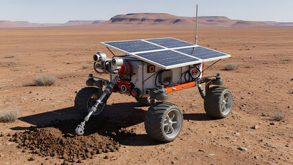 Autonomous solar-powered agricultural robot analyzing soil samples in arid desert landscape