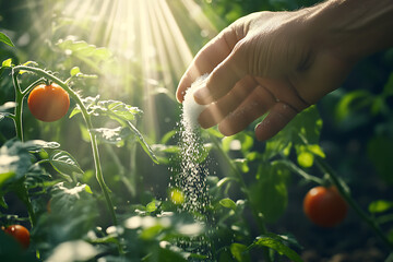 Gardener Fertilizing Young Tomato Plants in Vegetable Garden, Organic Tomato Growing with Fertilizer Application in Garden Soil