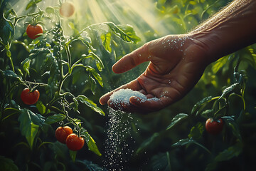 Gardener Fertilizing Young Tomato Plants in Vegetable Garden, Organic Tomato Growing with Fertilizer Application in Garden Soil