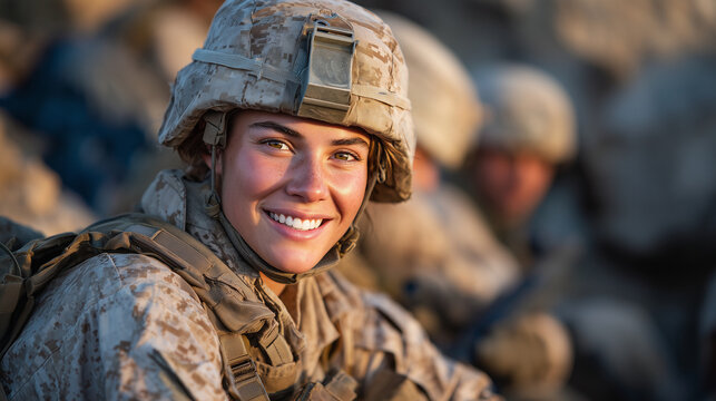 Female soldier smiling while crouched with squad behind cover, tactical uniforms and helmets in focus, soft sunlight illuminating edges, cinematic sense of preparedness, teamwork,
