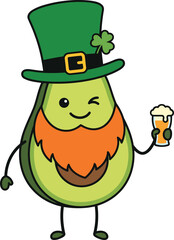 Cute Leprechaun Avocado Character with Beer Vector Illustration for St Patrick&rsquo;s Day.