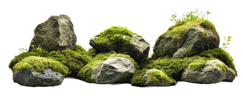 Moss-Covered Rocks with Small Plants in Natural Setting