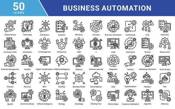 Business automation icon collection set. Containing process, digital transformation, industry 4.0, productivity, technology, business, integration icon. Simple flat  vector illustration.