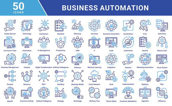 Business automation icon collection set. Containing process, digital transformation, industry 4.0, productivity, technology, business, integration icon. Simple flat  vector illustration.