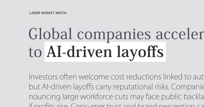 AI-driven layoffs, changing news headlines sequence across media, news about AI-induced job losses, loop footage
