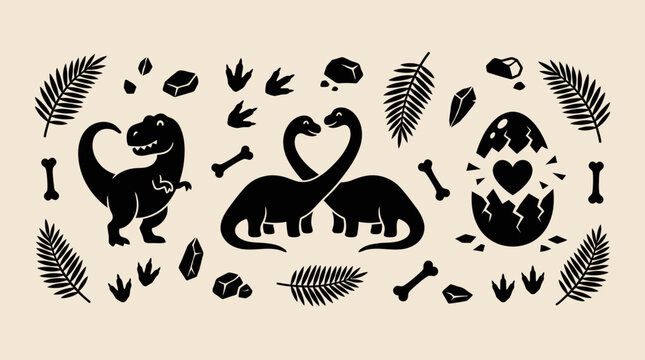 Cute dinosaur silhouettes and prehistoric icons vector illustration