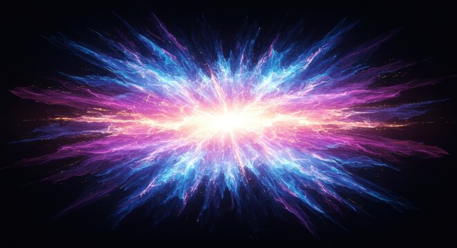 Brilliant cosmic energy blast radiates with intense blue and magenta light against a deep black background