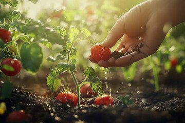 Gardener Fertilizing Young Tomato Plants in Vegetable Garden, Organic Tomato Growing with Fertilizer Application in Garden Soil