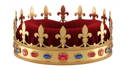 Gold crown with red velvet and jewels isolated on a transparent background