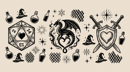 Fantasy roleplaying game icons and adventure elements vector illustration