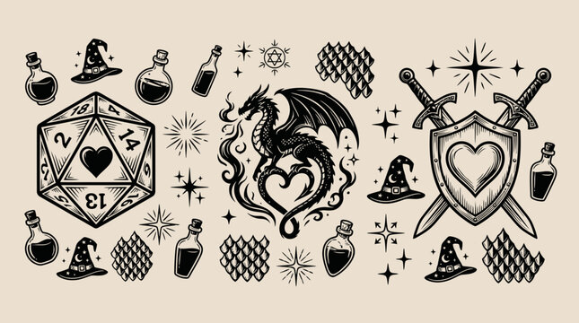 Fantasy roleplaying game icons and adventure elements vector illustration