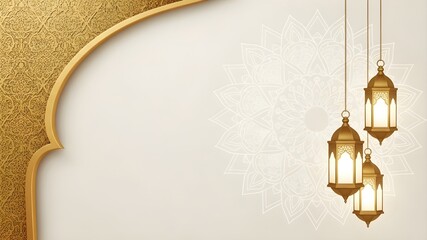 Elegant Golden Ramadan Background, Three hanging gold lanterns, white mandala lace pattern, islamic arch frame, luxury white and gold aesthetic, spiritual greeting concept