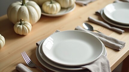 High-angle view of a modern minimalist Thanksgiving table with white ceramics and neutral autumn decor on light wood.
