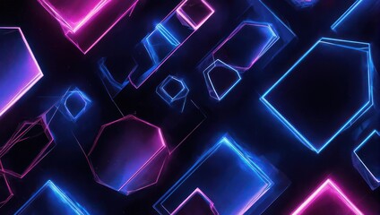 Abstract digital art featuring geometric shapes with neon blue and magenta light outlines on black