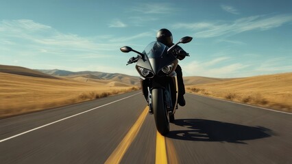 A lone motorcyclist speeds down a highway, framed by dry fields and a vibrant blue sky