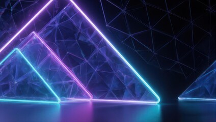Glowing neon geometric pyramids with crystalline textures against a dark backdrop