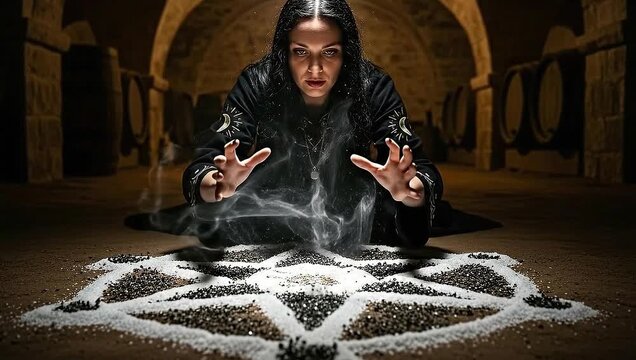 Mysterious woman performing ritual with pentagram and smoke.