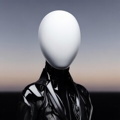 An eerie figure with a white oval head against a blurred sky. The suit is sleek and glossy