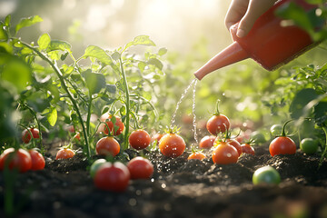 Gardener Fertilizing Young Tomato Plants in Vegetable Garden, Organic Tomato Growing with Fertilizer Application in Garden Soil