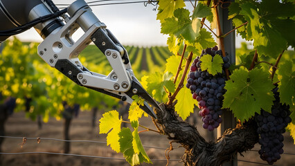 Naklejka premium Robotic arm harvesting ripe purple grapes in vineyard with precision technology and automation